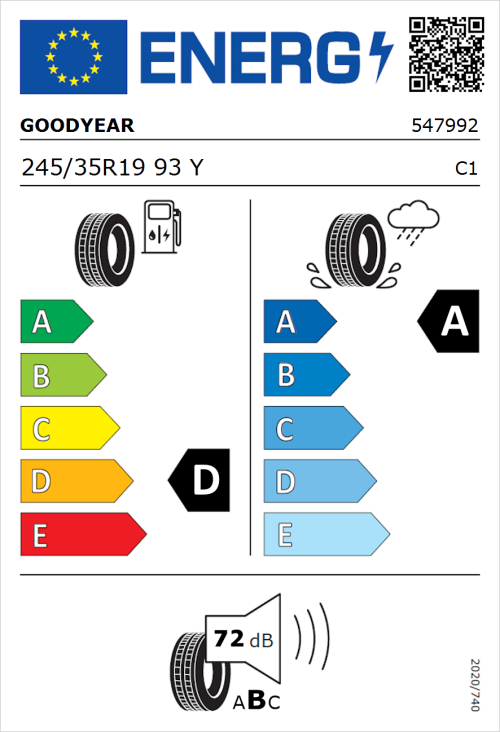 Tyre Label for Goodyear Eagle F1 SuperSport 245/35R19 93Y