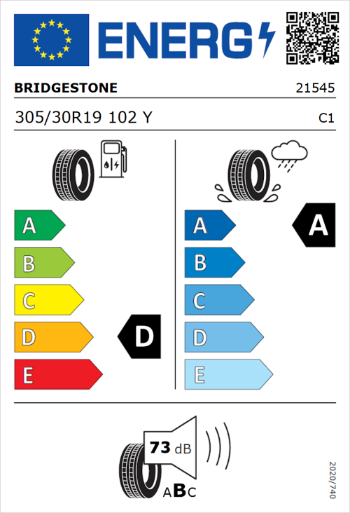 Tyre Label for Bridgestone Potenza Sport 305/30R19 102Y