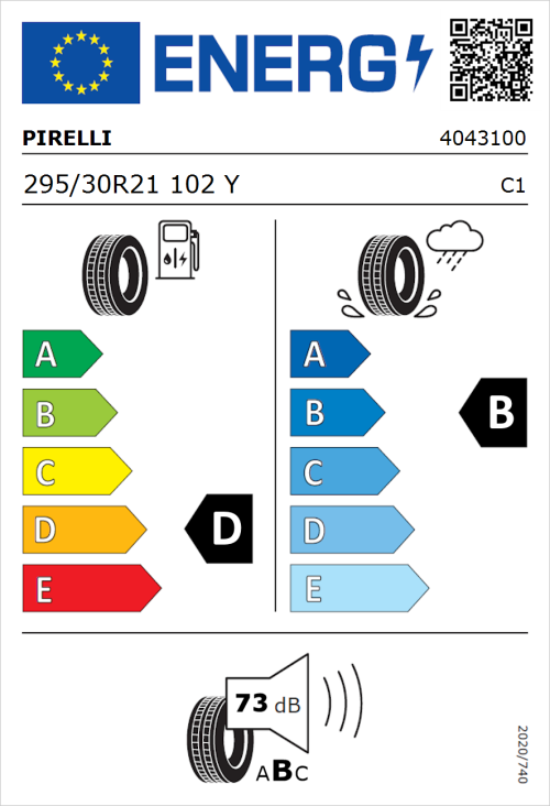 Tyre Label for Pirelli P Zero 295/30R21 102Y