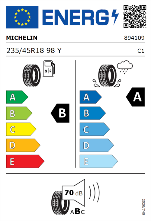 Tyre Label for Michelin Primacy 5 235/45R18 98Y