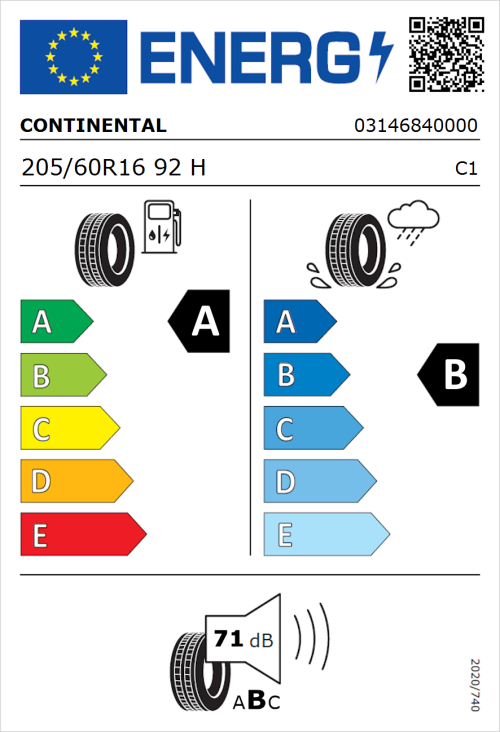 Tyre Label for Continental EcoContact 6 205/60R16 92H