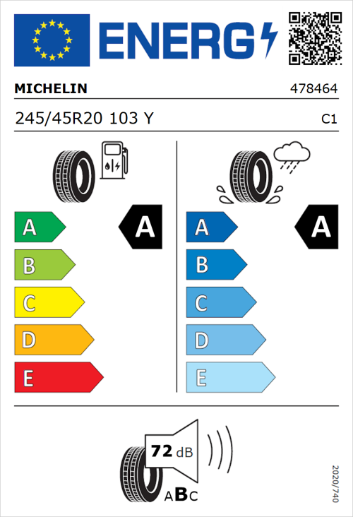 Tyre Label for Michelin Pilot Sport 5 Energy 245/45R20 103Y