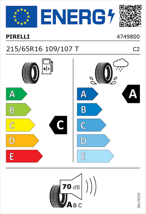Tyre Label for Pirelli Carrier All Season 215/65R16 109/107T