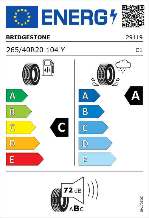Tyre Label for Bridgestone Potenza Sport Evo 265/40R20 104Y