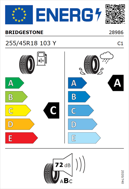 Tyre Label for Bridgestone Potenza Sport Evo 255/45R18 103Y