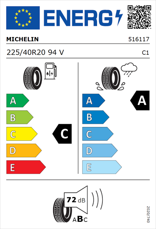 Tyre Label for Michelin Pilot Sport EV 225/40R20 94V