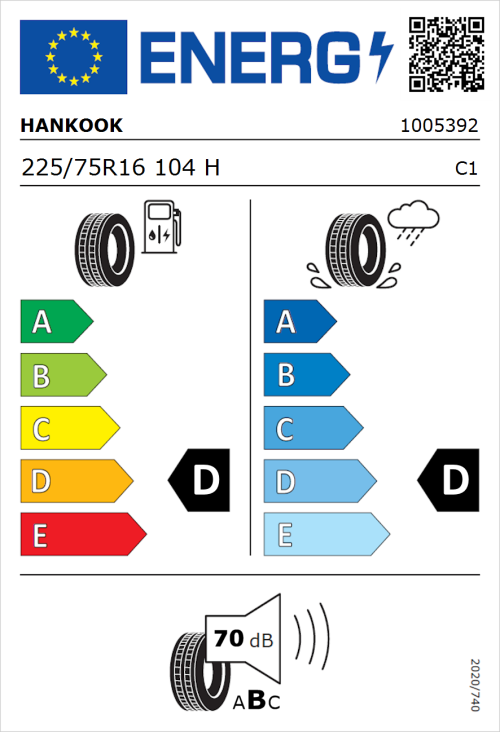 Tyre Label for Hankook Dynapro HP RA23 225/75R16 104H