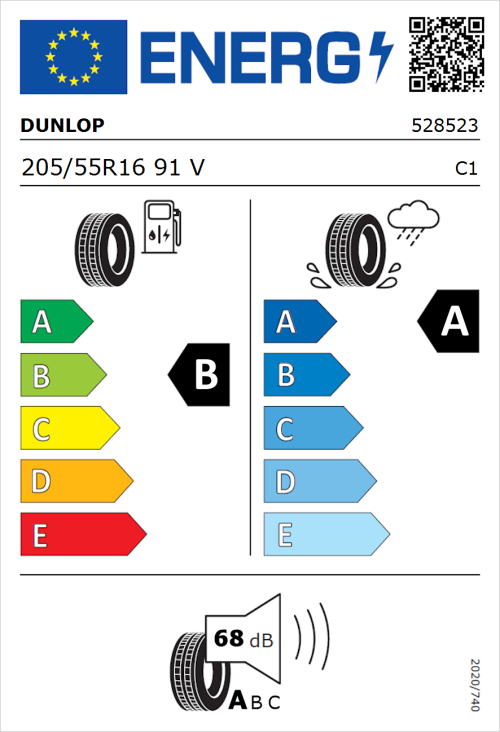 Tyre Label for Dunlop Sport BluResponse 205/55R16 91V