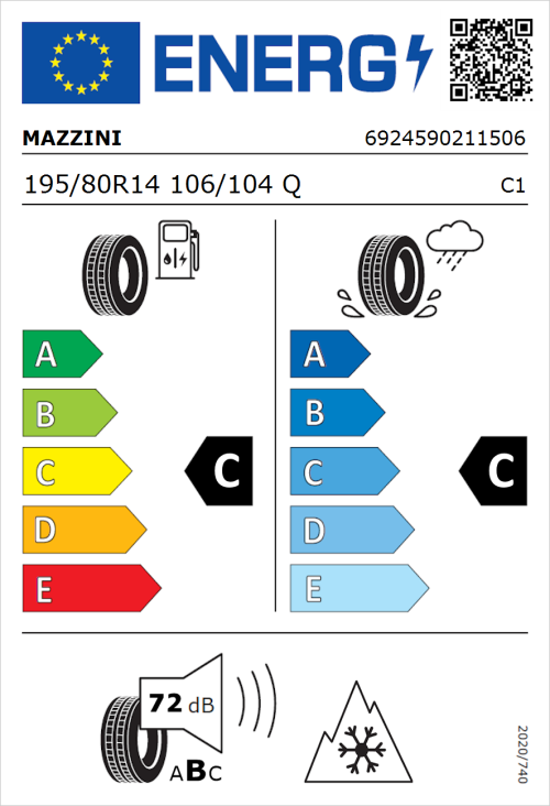 Tyre Label for Mazzini Effivan 195/80R14 106/104Q