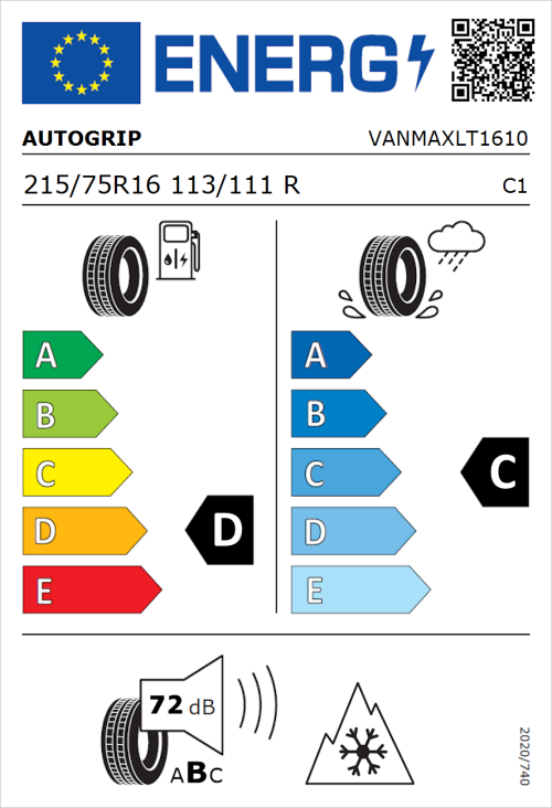 Tyre Label for Autogrip Vanmax 215/75R16 113/111R