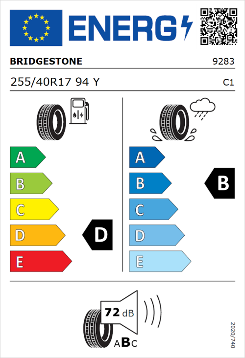 Tyre Label for Bridgestone Potenza RE050A 255/40R17 94Y