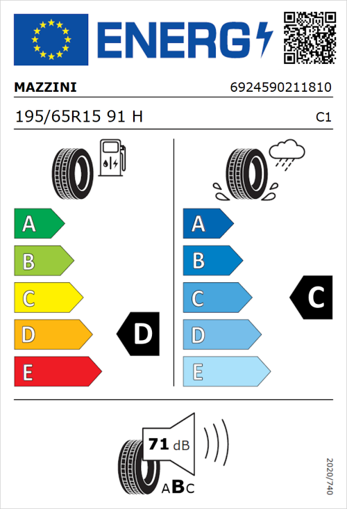 Tyre Label for Mazzini Eco 307 195/65R15 91H